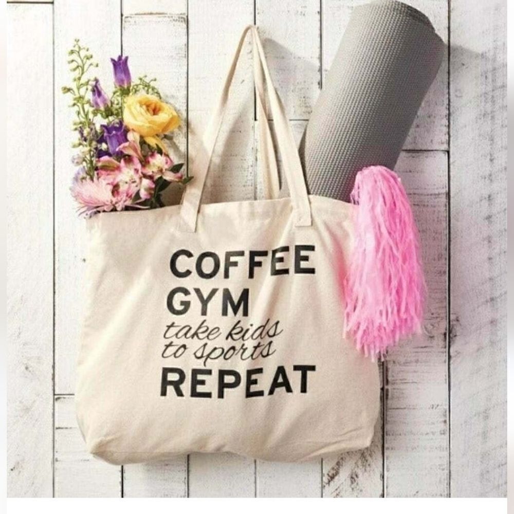 NWT Womens Coffee Gym Kids Repeat 16X20 Canvas Tote Bag